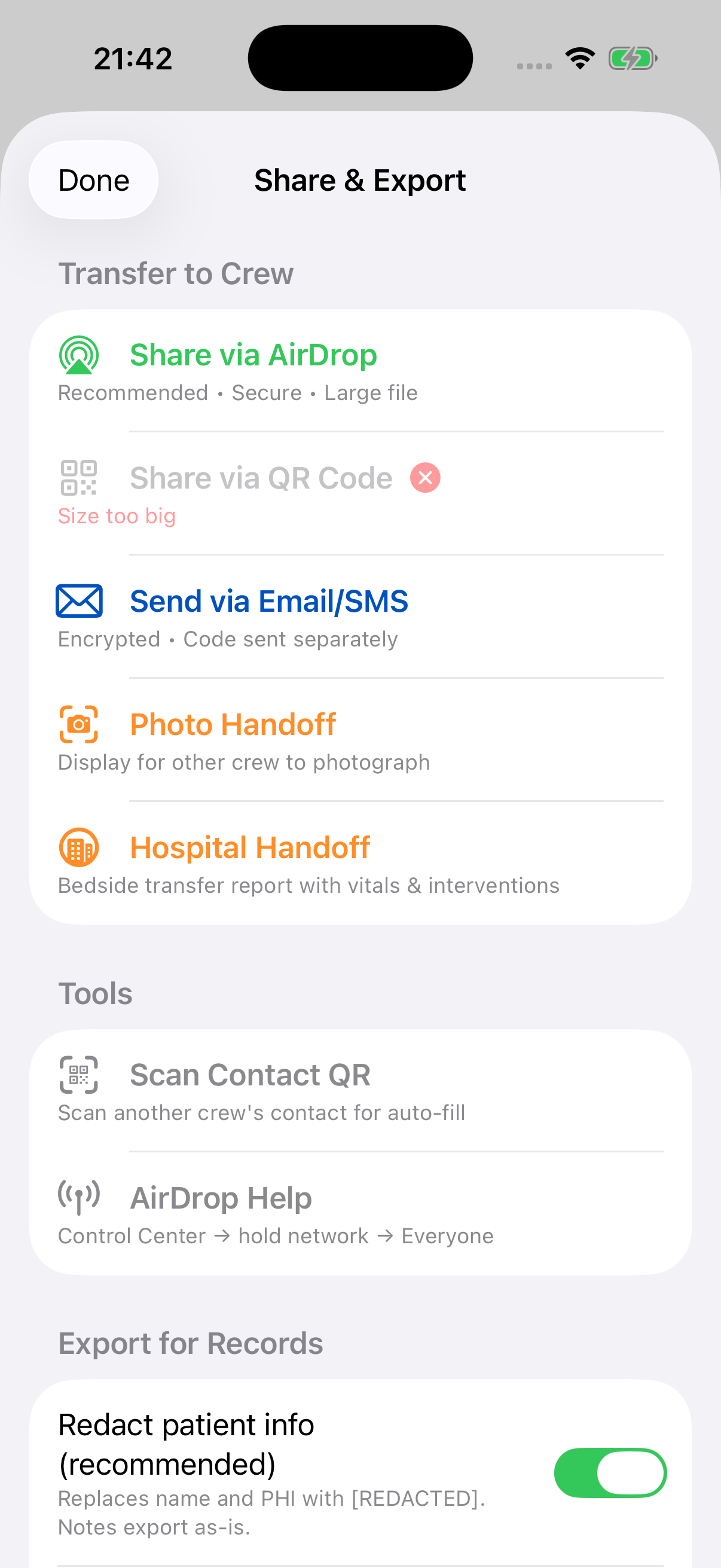 Share and export menu