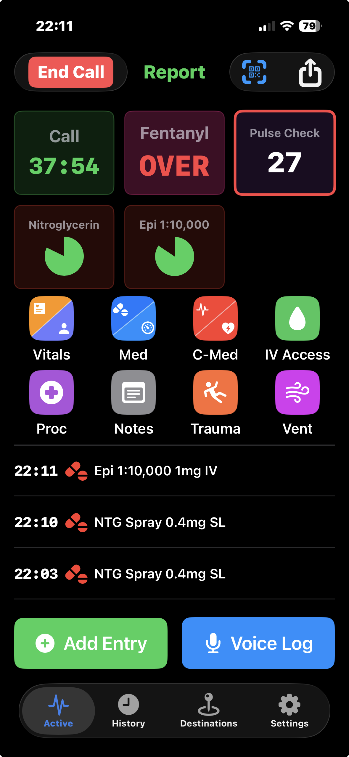 MedicLog active call view in dark mode